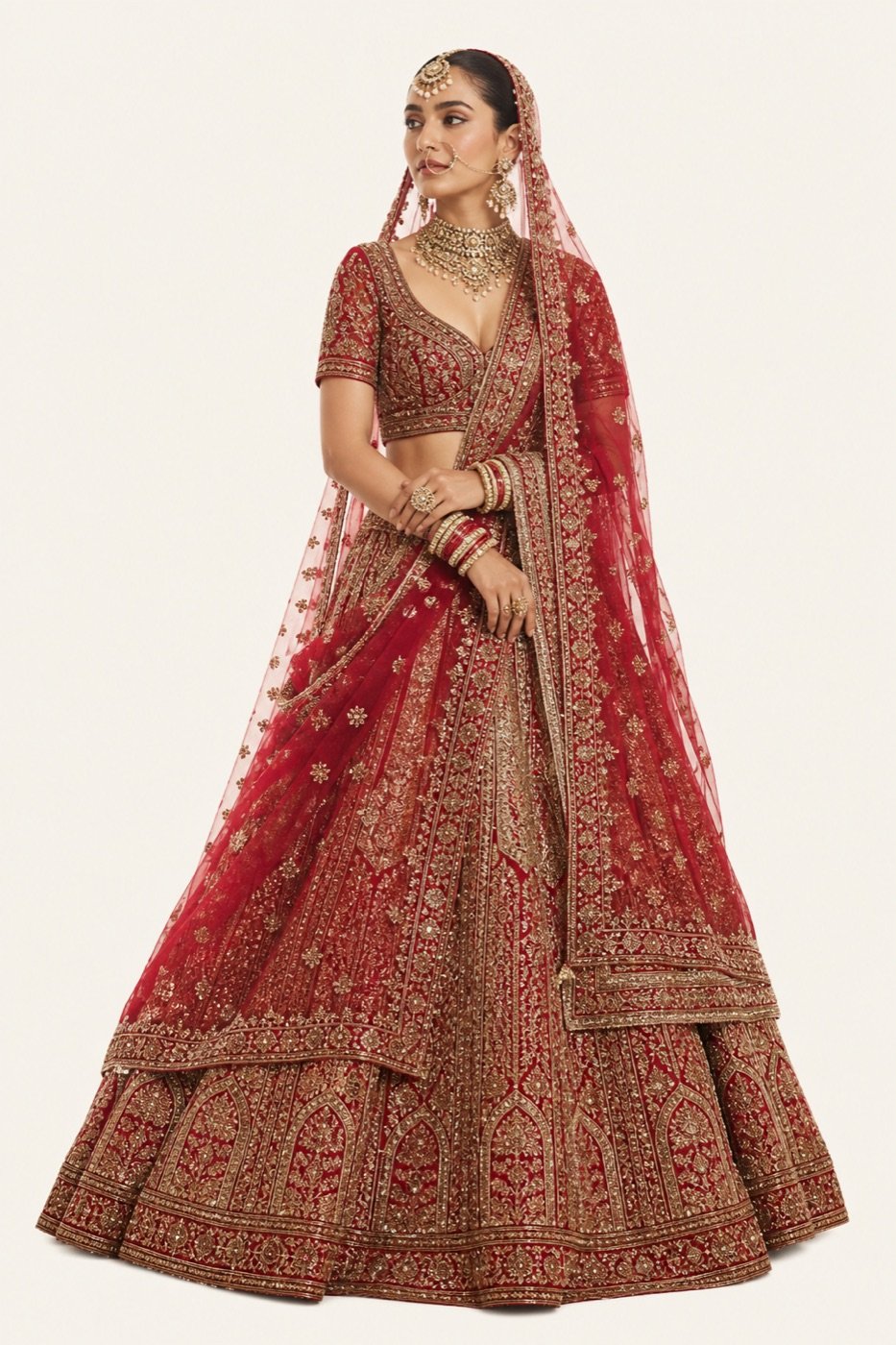 Bride in a House of Vastra crimson bridal lehenga